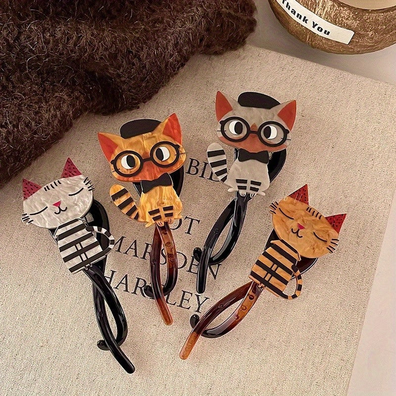 4pcs Cute Cartoon Cat Acrylic Hair Clips - Colorful Animal Print, Sweet Style Twist Barrettes for Women & Girls - Perfect Gift for Christmas, New Year, Valentine's Day