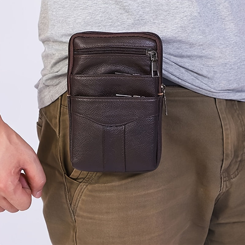 Men's Genuine Leather Crossbody Phone Holster - Brown Waist Pack with Multiple Zipped Pockets, Adjustable Strap & Headphone Hole for Casual Outings