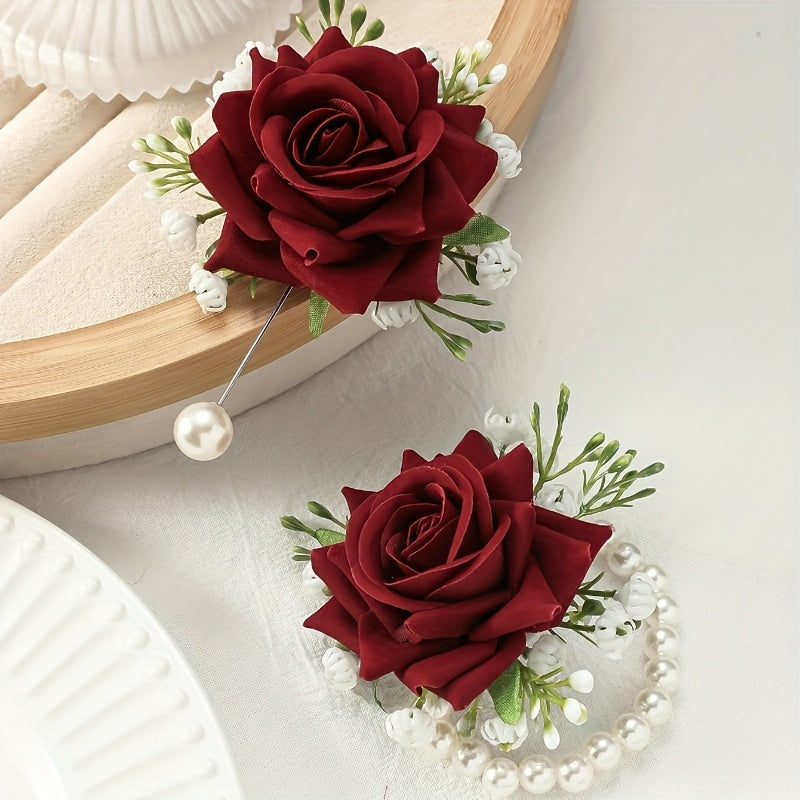 2pcs Elegant Rose Corsage and Wrist Flower Set in Polyester Fiber for School Events, Parties, Weddings Decorations