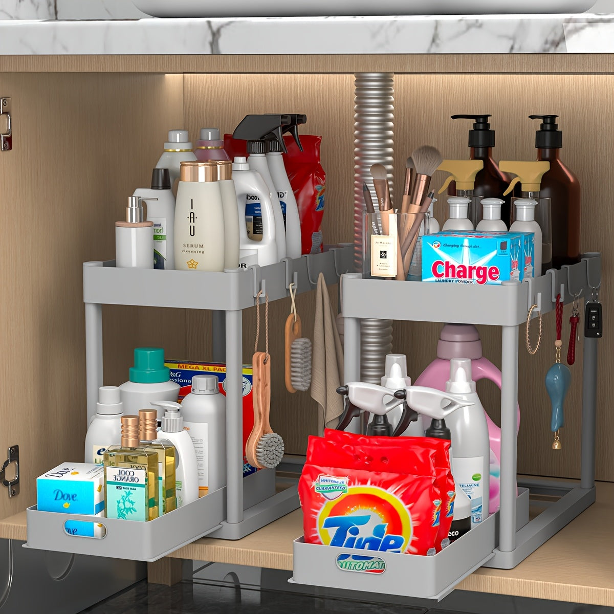 Under Sink Organizer 2 Pack, Kitchen Cabinet Organizer, 2 Tier Sliding Cabinet Basket Organizer Drawer, Multi-Purpose Bath Collection Baskets for Kitchen Under Counter Storage Organizer with 8 Hooks