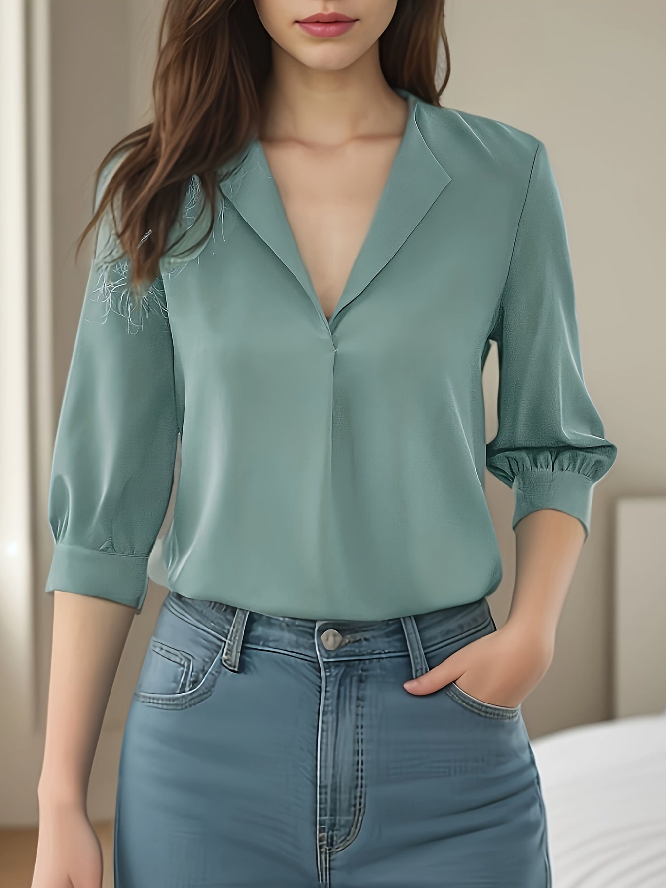 Plain Color V-neck Simple Blouse, Casual 3/4 Sleeve Commuter Top For Spring & Summer, Women's Clothing