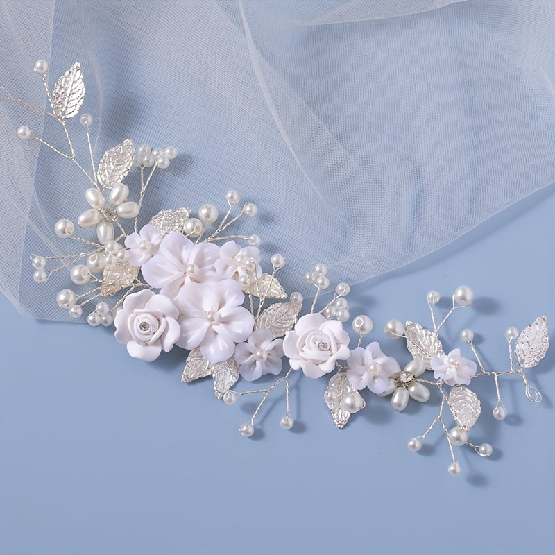 1Pc Flower Bride Wedding Hair Vine Pearl Bridal Hair Piece Leaf Hair Accessories Rhinestone Headband For Women And Girls