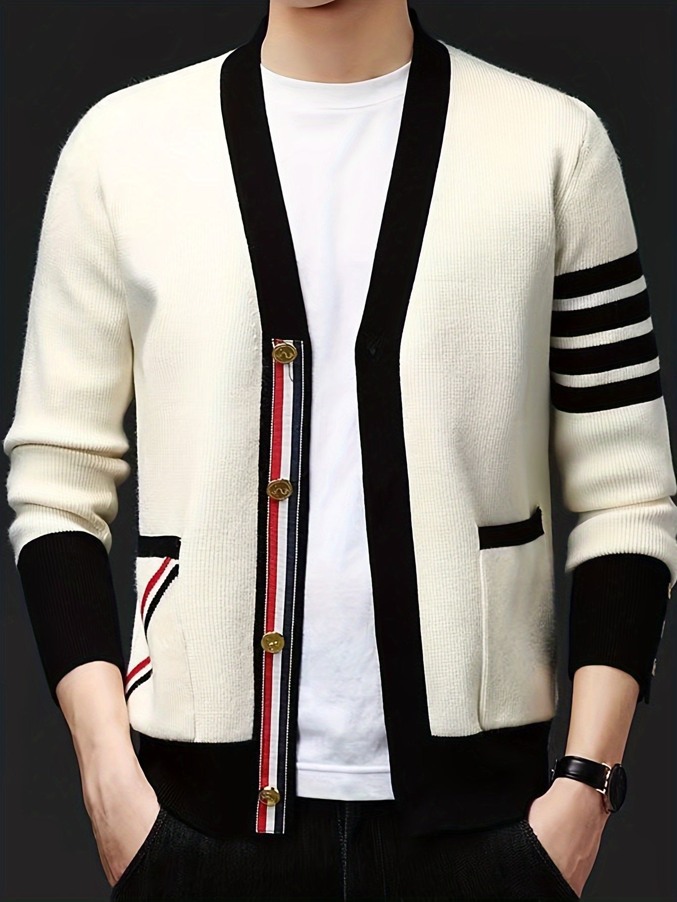 Men's New Stylish Cardigan Sweater. Autumn Patchwork Color, With A Sense Of High Class And Trendy. Loose Fit Knitted Jacket.