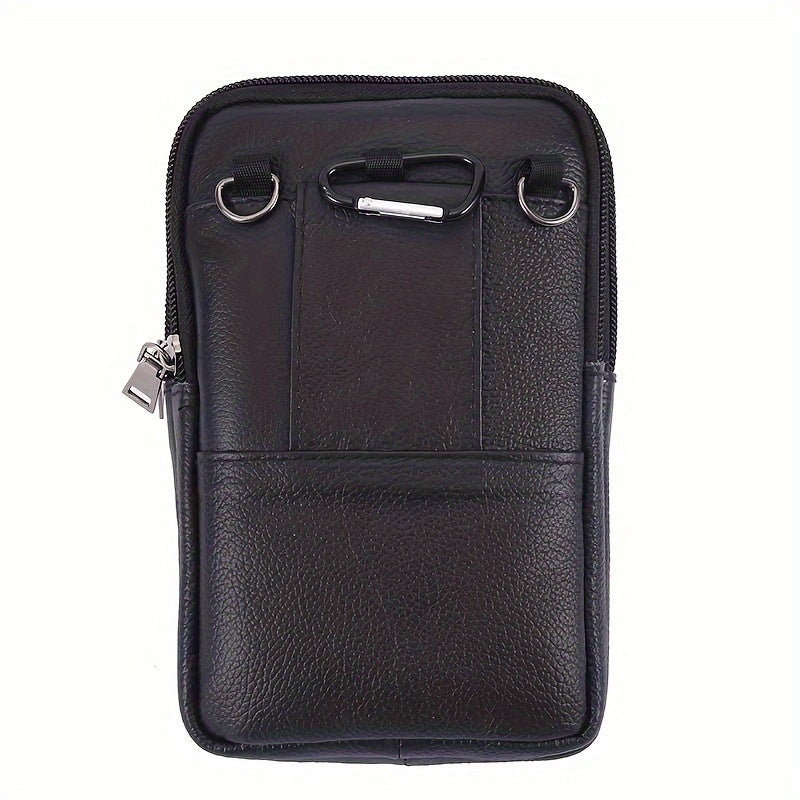 Men's Genuine Leather Crossbody Phone Holster - Brown Waist Pack with Multiple Zipped Pockets, Adjustable Strap & Headphone Hole for Casual Outings