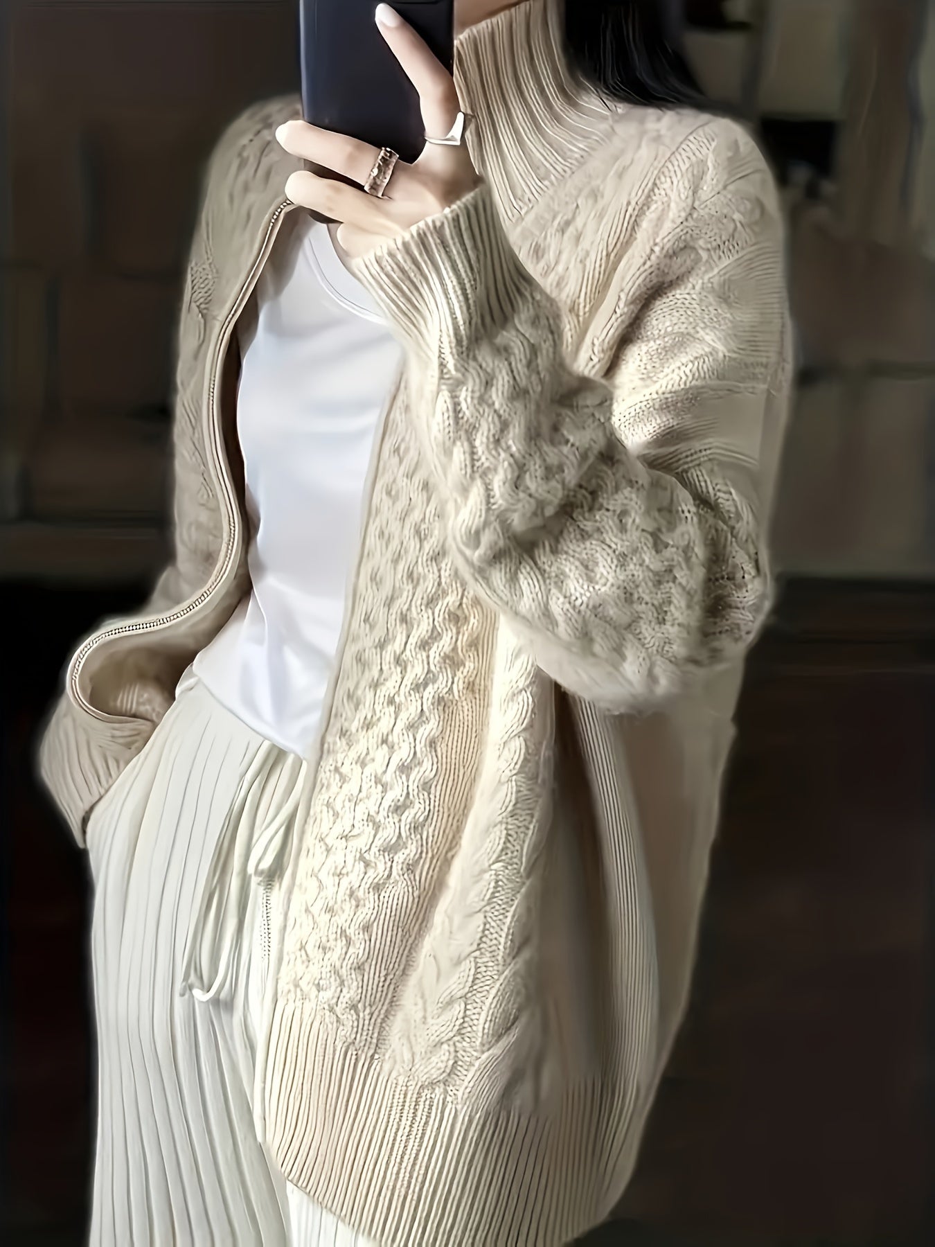 Plus Size Twist Textured Cardigan, Casual Long Sleeve Zipper Cardigan, Women's Plus Size Clothing