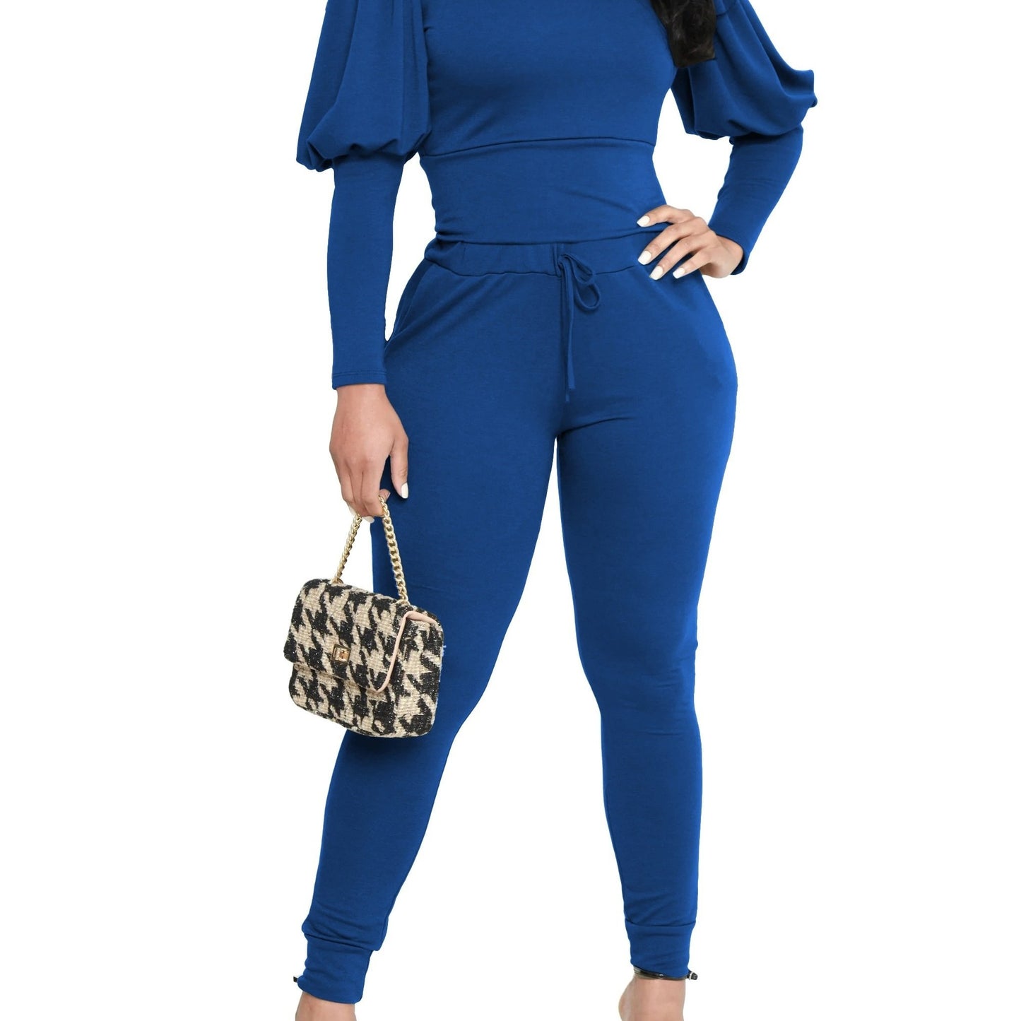 3370 Women's Two-Piece Set with Fluffy Sleeve Top and Jogging Pants, Fashionable Sporty Outfit