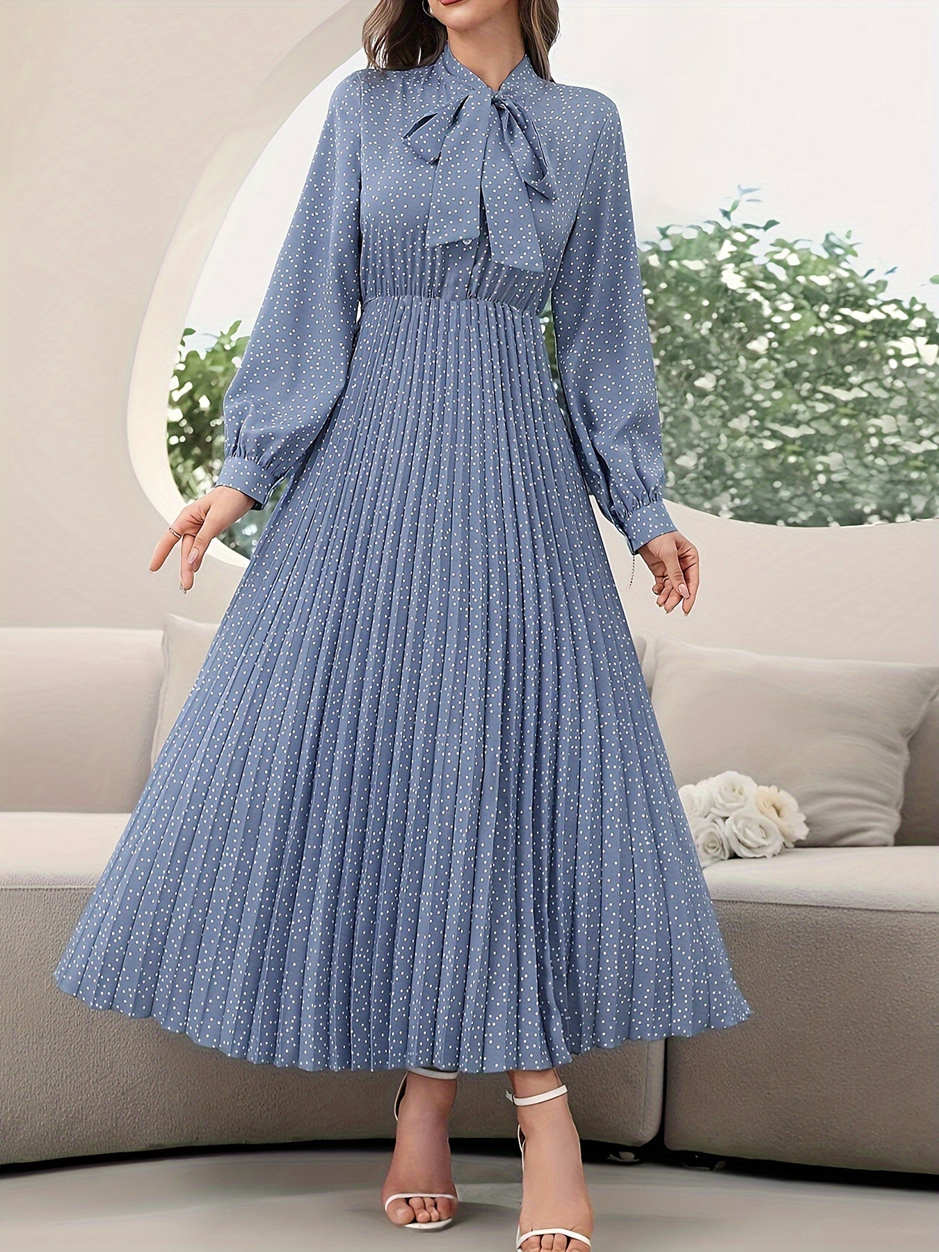 Stylish Pleated Tie Neck Long Sleeve Dress - Elegant Women's Dresses for Spring & Fall Season - Comfortable, Versatile, and Chic Clothing for Ladies