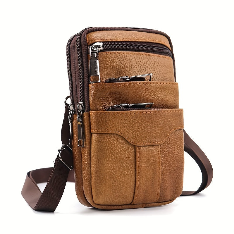 Men's Genuine Leather Crossbody Phone Holster - Brown Waist Pack with Multiple Zipped Pockets, Adjustable Strap & Headphone Hole for Casual Outings