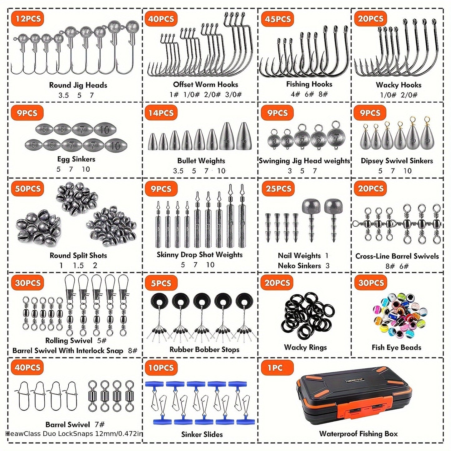 PLUSINNO 397pcs Fishing Accessories Kit, Fishing Tackle Box, Includes Fishing Gear, Hooks, Lead Weights, Hook Heads, Swivels, Combines into 12 Fishing Gear, Fishing Equipment Suitable for Perch, Bluegill, Trout, Crappie, etc,