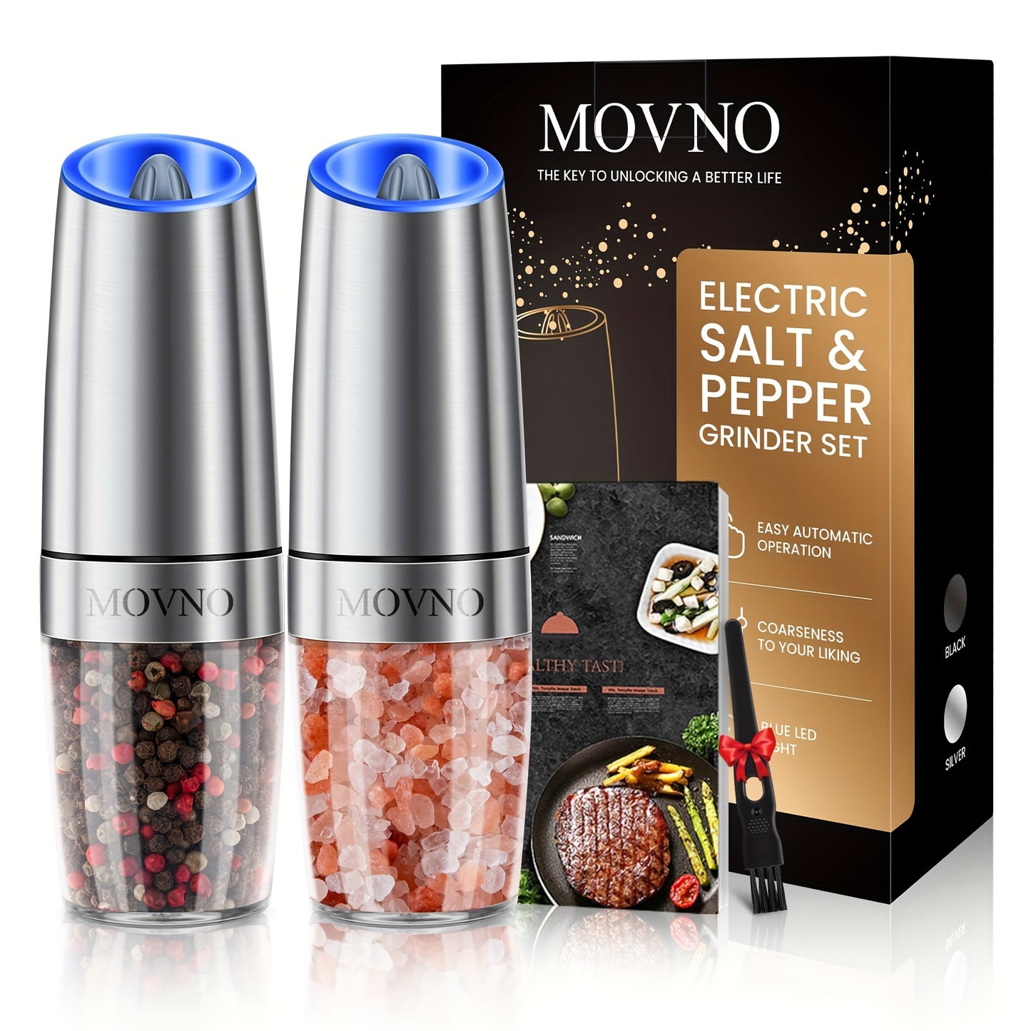 Gravity Electric Salt and Pepper Grinder Set, Battery Powered LED Light One Hand Automatic Operation, Adjustable Coarseness Mill Grinders Shakers Black, Kitchen Gadgets Gift Ideas