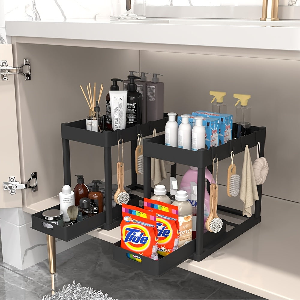 Under Sink Organizer 2 Pack, Kitchen Cabinet Organizer, 2 Tier Sliding Cabinet Basket Organizer Drawer, Multi-Purpose Bath Collection Baskets for Kitchen Under Counter Storage Organizer with 8 Hooks