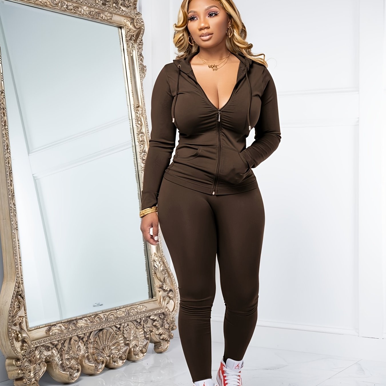 Women Two Piece Outfits Workout Sets Bodycon Tracksuit Long Sleeve Zip Up Hoodie Jacket Jogger Matching Sweat Pants Set