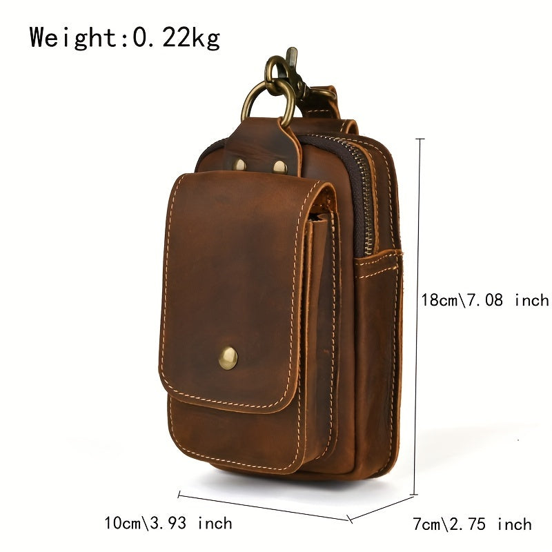 Men's Vintage Crazy Horse Leather Waist Pack, Casual Genuine Top Layer Cowhide Belt Pouch, Daily Commute Multi-Functional 7" Mobile Phone Holder with No Print