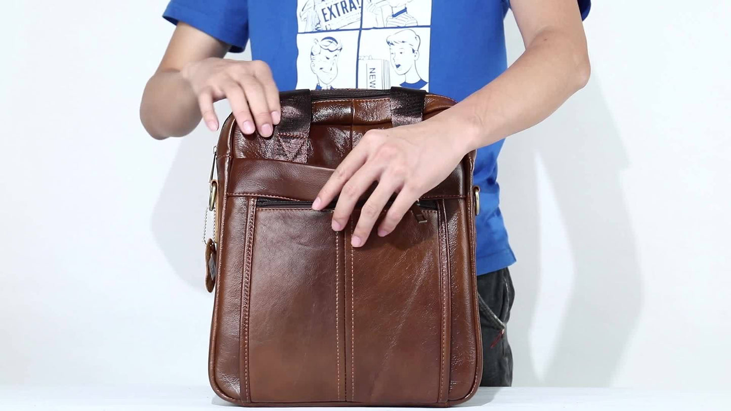 Men's Genuine Leather Messenger Bag - Adjustable Crossbody & Shoulder Handbag for Travel, Work, and Business - Brown, Large Capacity with Multiple Compartments, Durable Cowhide Leather, Smooth Zippers, Detachable Strap, Carry