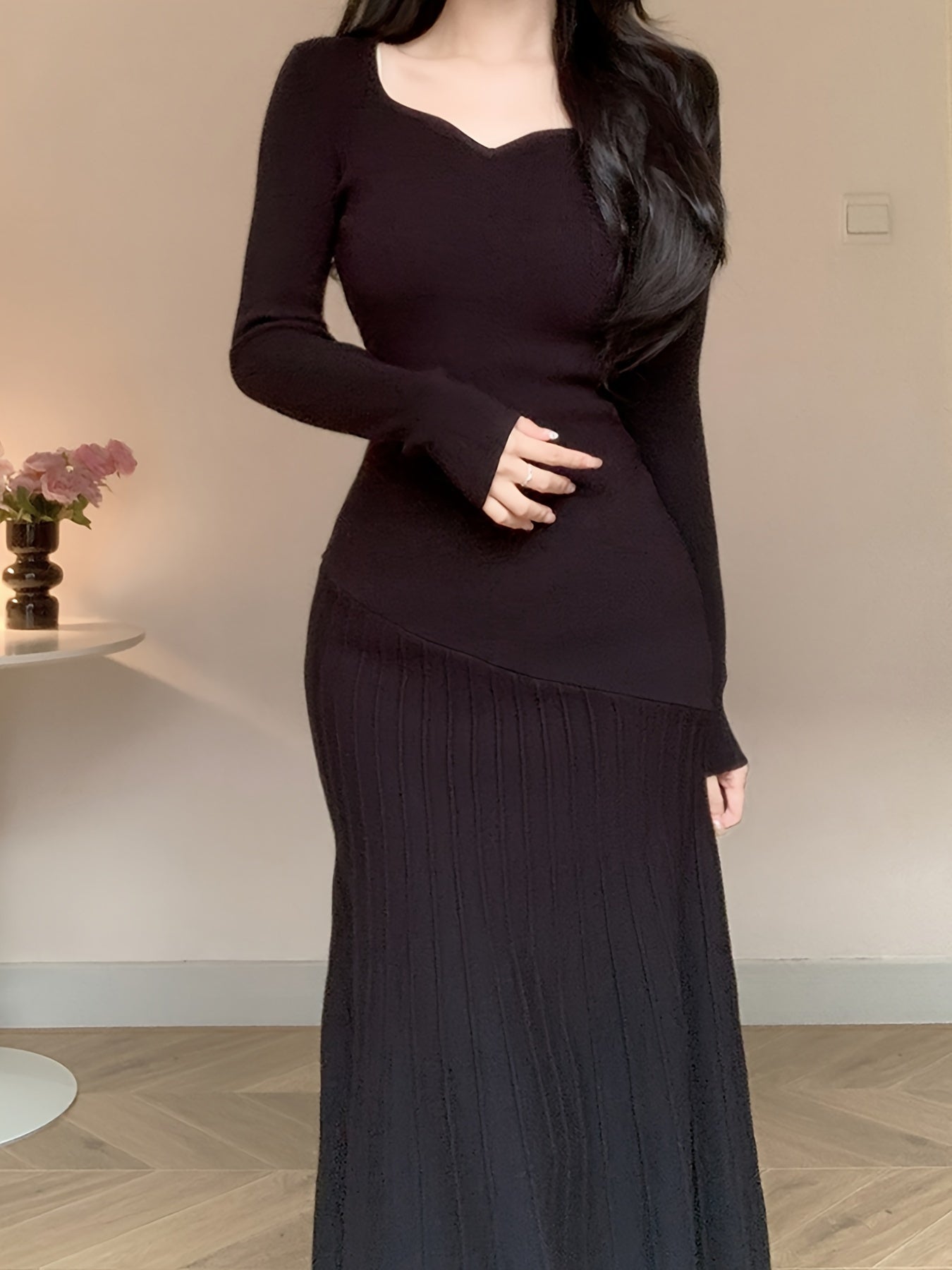 Long Sleeve V-Neck Knit Dress, Polyester, Polyamide, Viscose Blend, Middle Eastern Style, Autumn/Winter, Floor-Length, A-Line, Hand Wash Or Dry Clean