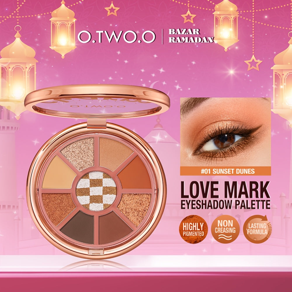 O.TWO.O Velvet Smooth Eyeshadow Palette - 9 Vibrant Colors, Matte & Shimmer Finish, Long-Lasting High Pigment Makeup with Rose Golden Compact, Perfect for Valentine’s Day or Everyday Glam