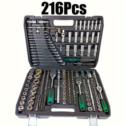 216/46pcs High Quality Multifunctional Heat Treated Chrome Vanadium Steel Ultimate Car Mechanic Tool Set, Premium Torque Wrench Set, Ultra Portable, Integrated Solution for Car, Bike And Motorcycle Maintenance