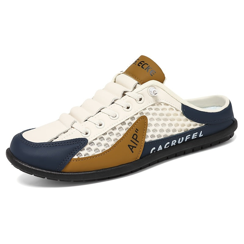 Men'S One Foot Casual Slippers - Breathable PU Upper, Cushioned EVA Insole And Durable PVC Sole, White And Navy Blue With Golden Accents, All Season Indoor/outdoor Shoes Suitable For Daily Wear And Vacation, Fashionable Shoes