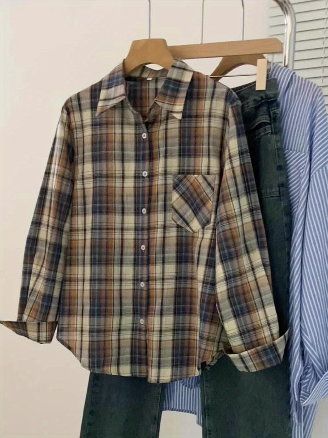 Plaid Pattern Button Front Shirt, Elegant Long Sleeve Lapel Collar Shirt, Women's Clothing