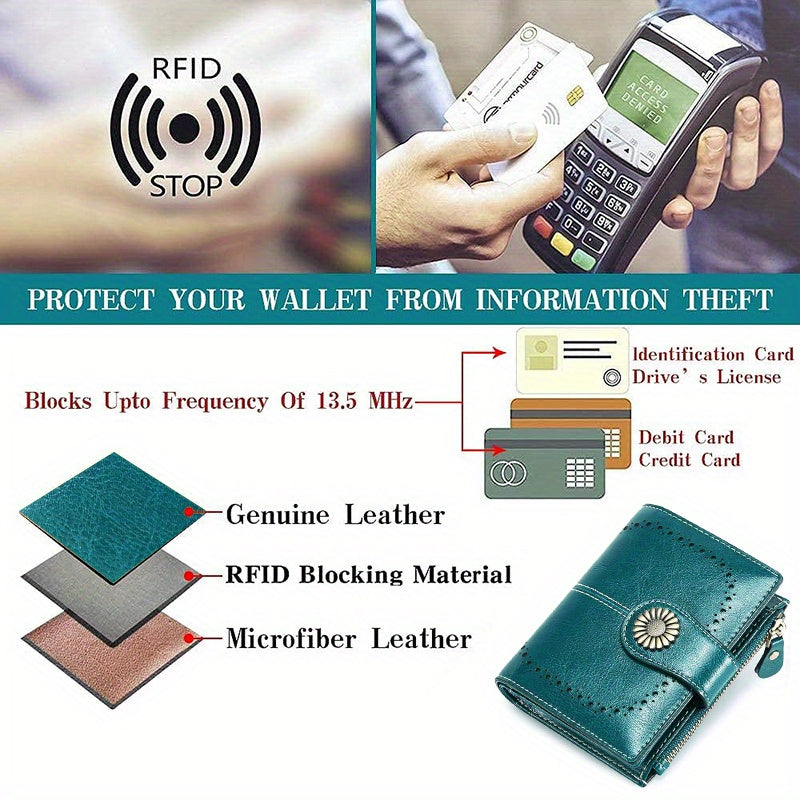 Women's Genuine Leather Short Wallet Card Holder, RFID Anti-theft Brush Coin Bag, Large Capacity Women's Credit Card Wallet with 18 Card Slots, 1 Coin Bag and 2 Cash Slots, Safely Store Cards and Cash, Fashionable and Elegant