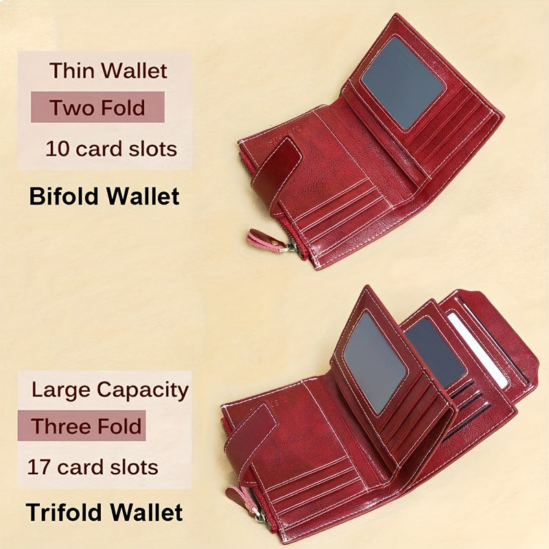 Genuine Leather RFID Blocking Wallet for Women - Stylish Bifold Card Holder with Detachable ID Window, Zipper Coin Pocket & Multiple Compartments, Red, Travel Accessory | Rfid Safe Wallet | Durable Leather, Card Holder Wallet