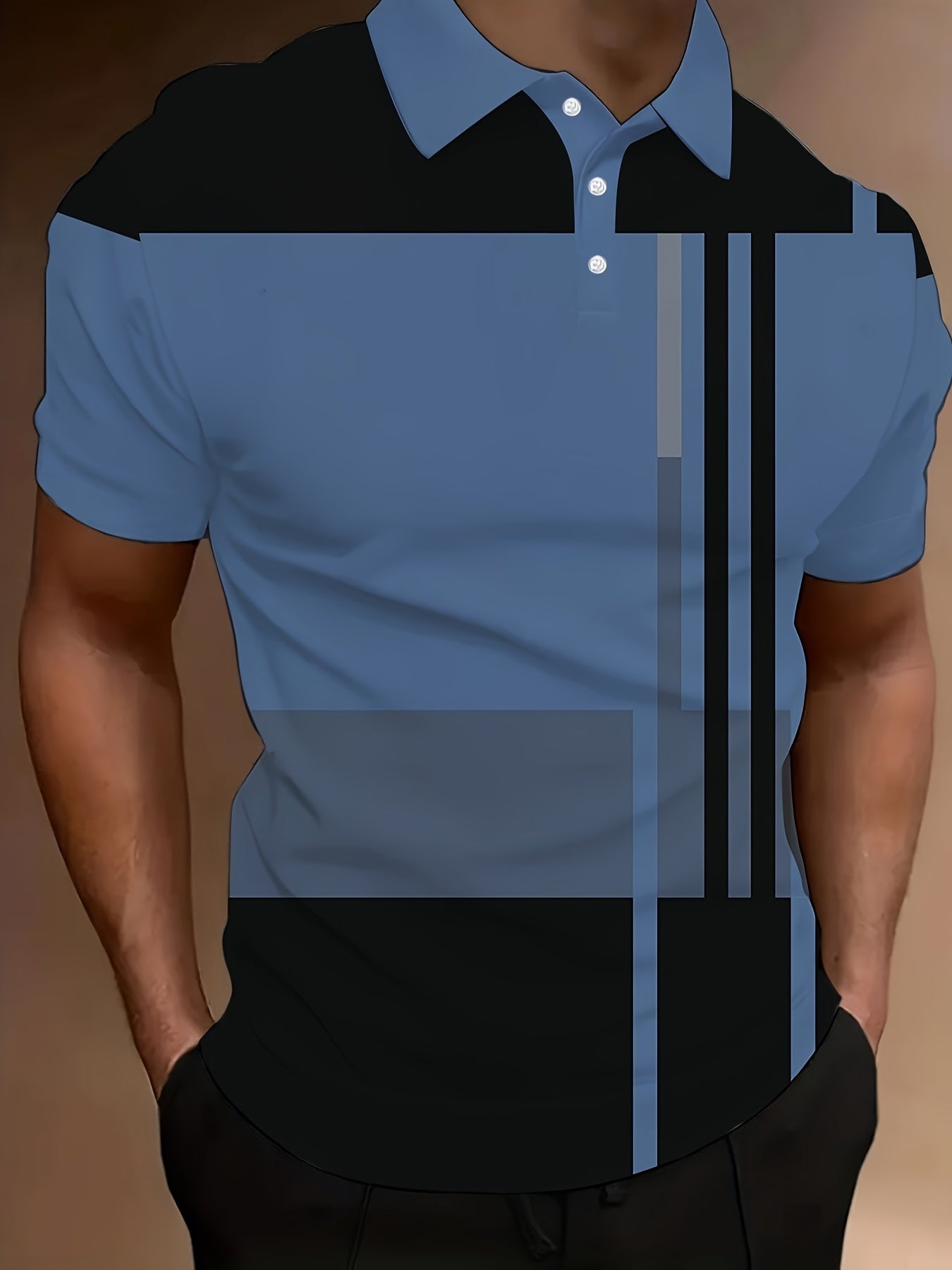 2024 Men'S Casual Geometric Print Knit Polo-Style Shirt with Lapel Collar and Slight Stretch - 100% Polyester Material - Regular Fit