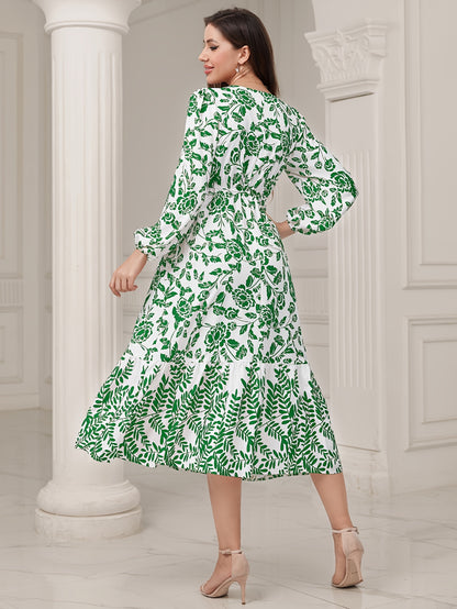 Floral & Leaves Print V-neck Dress, Elegant Elastic Waist Long Sleeve Dress For Spring & Fall, Women's Clothing