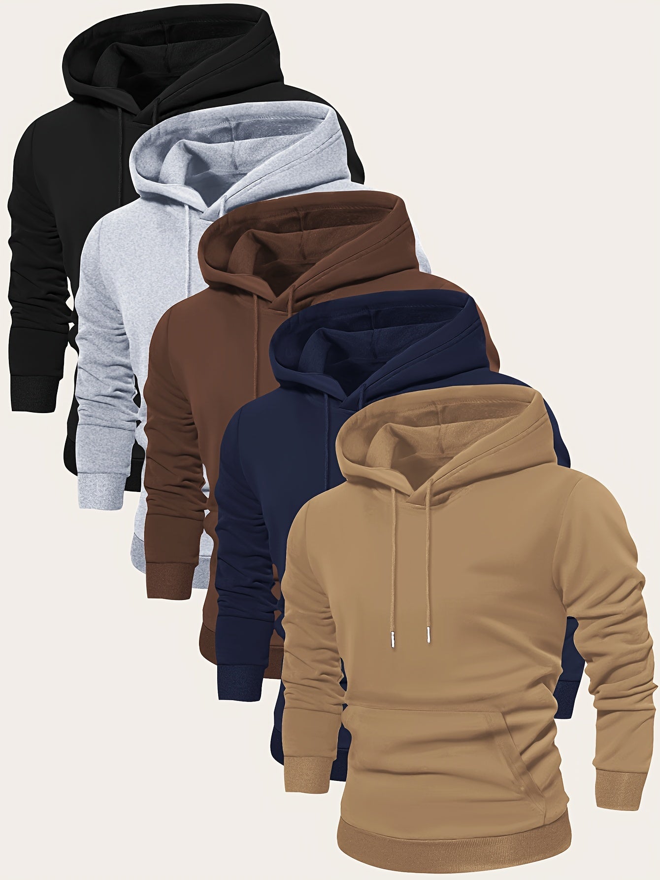 5pcs Men's Long Sleeve Hoodies, Solid Color Polyester Pullovers with Drawstring and Kangaroo Pocket, Casual Sports Jogging Tops for Spring/Fall - Regular Fit Knit Fabric Hooded Sweatshirts