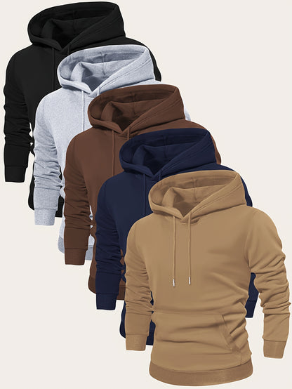 5pcs Men's Long Sleeve Hoodies, Solid Color Polyester Pullovers with Drawstring and Kangaroo Pocket, Casual Sports Jogging Tops for Spring/Fall - Regular Fit Knit Fabric Hooded Sweatshirts