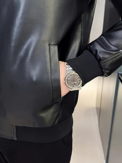 Men's Stylish Black PU Leather Jacket - Casual Baseball Collar, Zip-Up with Pockets, Loose Fit, Machine Washable, Perfect for Casual Attire