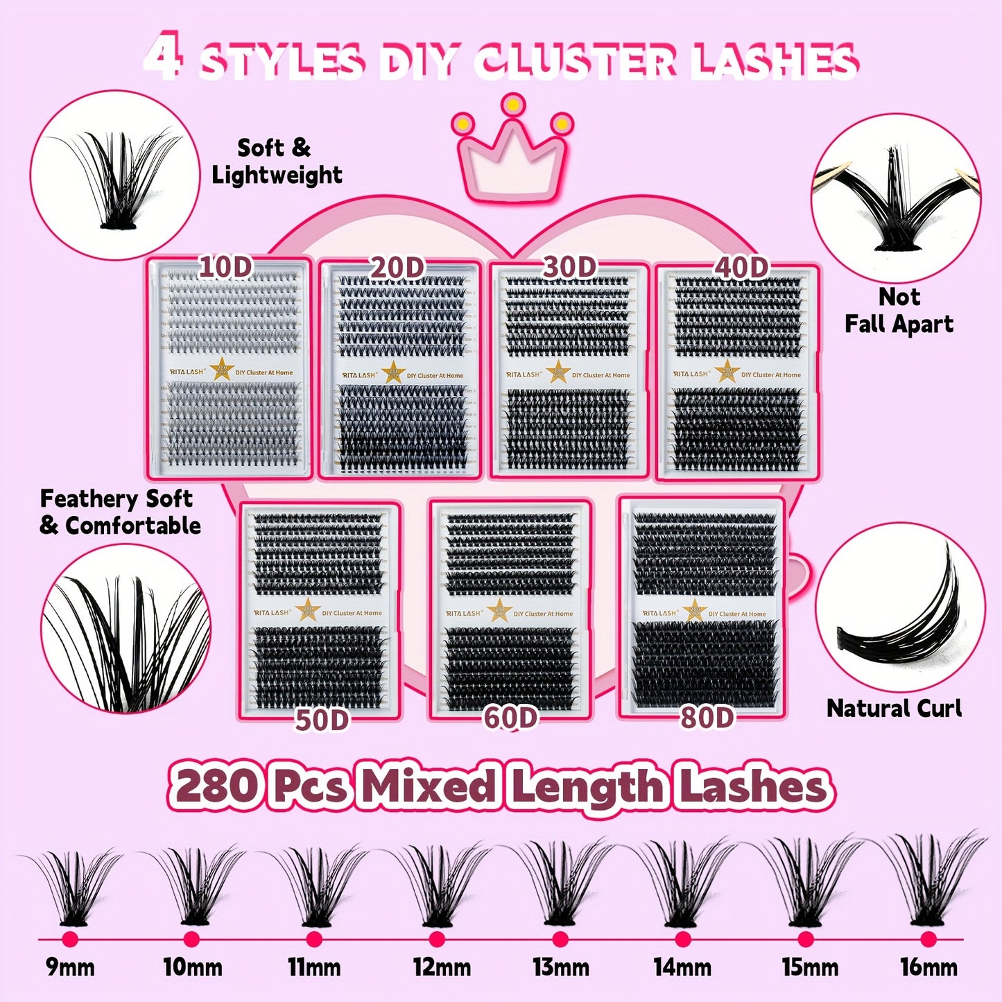 RITALASH DIY Lash Extension Kit, 280 Pcs Lash Clusters With Lash Bond And Seal, Mascara Brush Cluster Lash Glue Remover, Lash Applicator