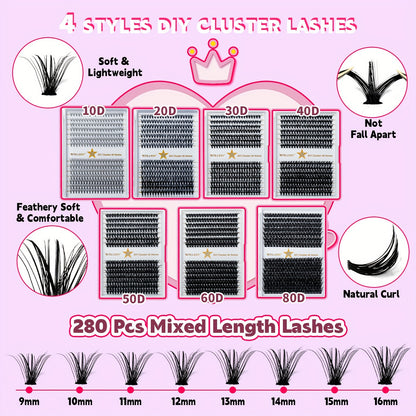 RITALASH DIY Lash Extension Kit, 280 Pcs Lash Clusters With Lash Bond And Seal, Mascara Brush Cluster Lash Glue Remover, Lash Applicator
