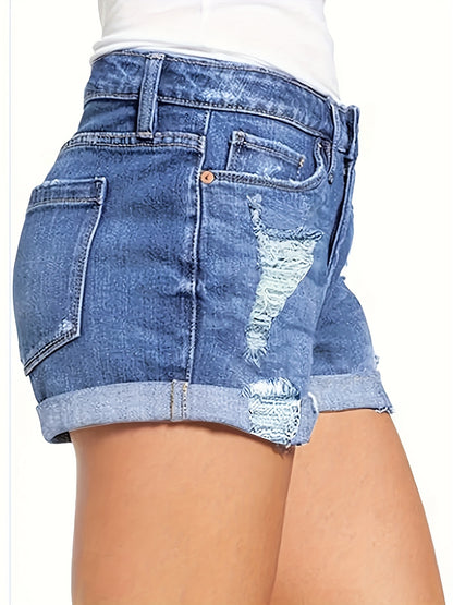 Women's High Waist Ripped Denim Shorts - Distressed Summer Fashion, Breathable Stretch Jeans with Rolled Hem, Casual Blue Denim Shorts for Spring/Summer, Jean Shorts