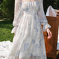 Elegant Floral Chiffon Midi Dress with Bell Sleeves - Square Neck, Long Sleeve, Lightweight, All-Season Wear for Women, Long Sleeve Dress
