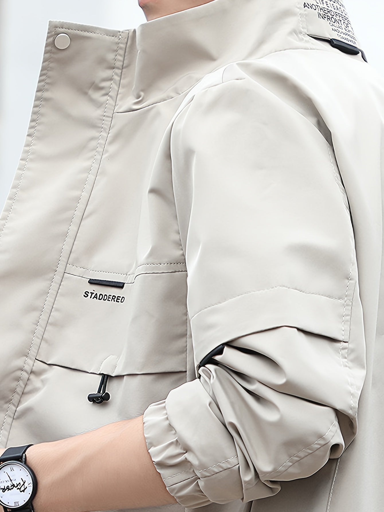 Home Relaxation| Men's Iron Wood OBM Cargo Jacket - Beige Long Sleeve, Stand Collar, Durable Polyester Blend, Zip-Up Outdoor Coat with Multiple Pockets for Casual & Outdoor Wear in Fall/Winter