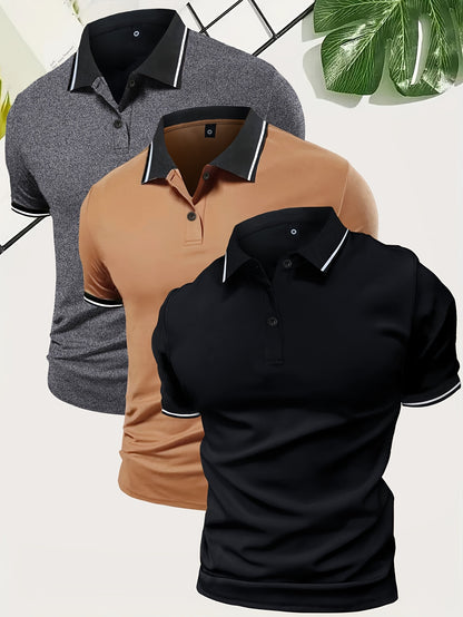 3Pcs Breathable Men's Golf Shirt, Regular Fit V-Neck Short Sleeve Casual T-Shirt for Summer