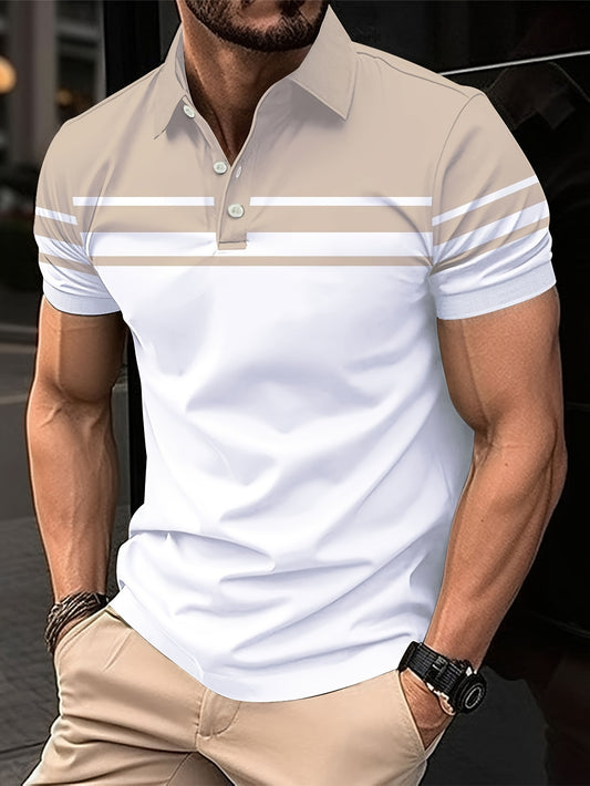 Men's Stripes Color Blocking Print Summer Short Sleeve Lapel T-shirt, Casual Comfy Sports Top As Gift