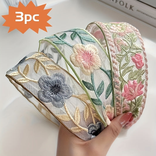 Elegant Boho Embroidered Floral Headband Set - Wide, Vintage-Inspired Hairbands for Women