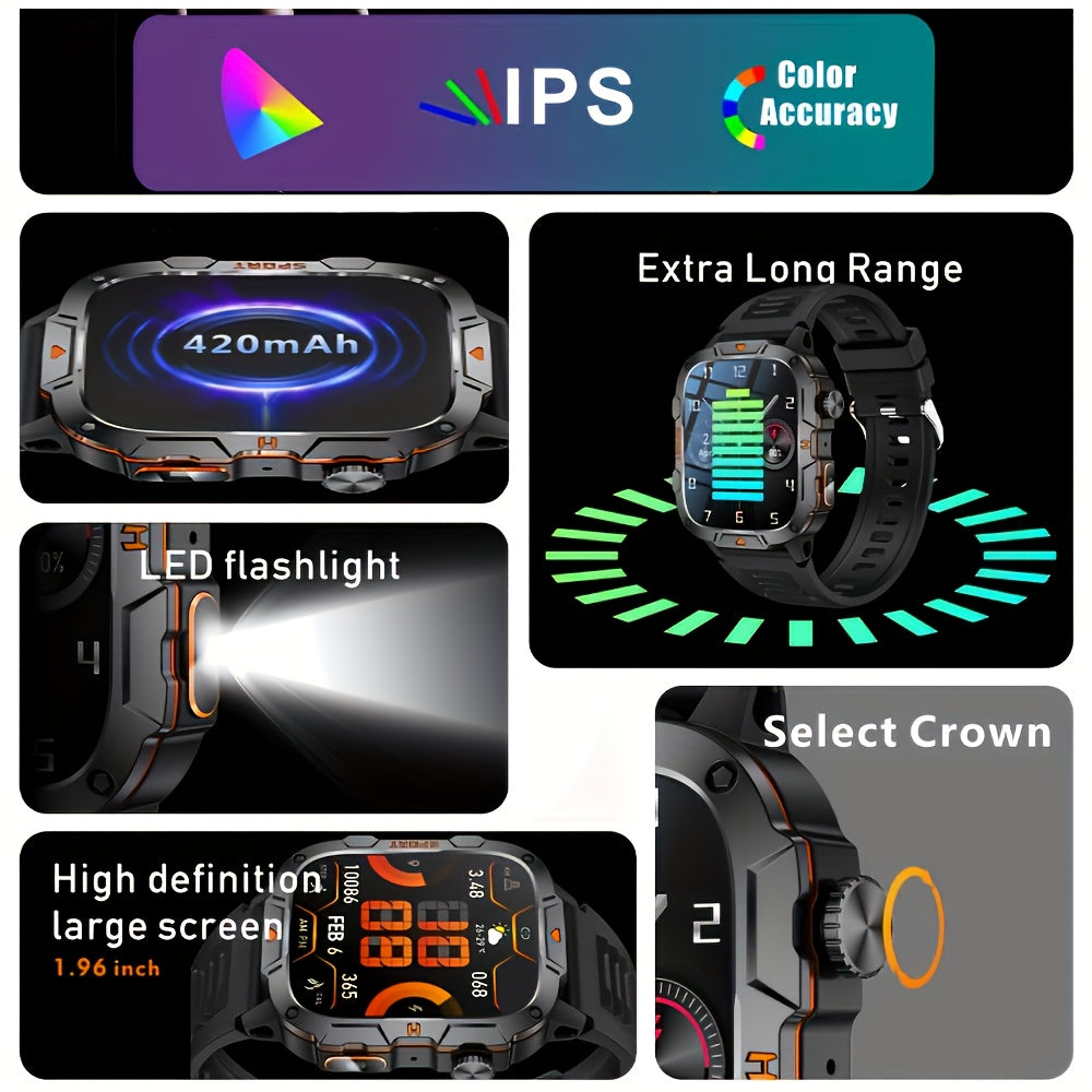 LONZERUI2024 Men'S Smartwatch, 4.98cm HD IPS Screen, Alloy Body, Silicone Strap, with 420mAh Rechargeable Battery, Wireless 5.2, USB Charging, Flashlight, IP68 Waterproof, 240p Display, 95% Screen Ratio, ≤36V for Android/iO