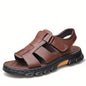 2023 New Men's Genuine Leather Casual Beach Sandals - Slip-On Adjustable Straps, Soft PU Sole, Breathable Summer Vacation Shoes for Driving & Outdoor Activities (Solid Color), Summer Sandals