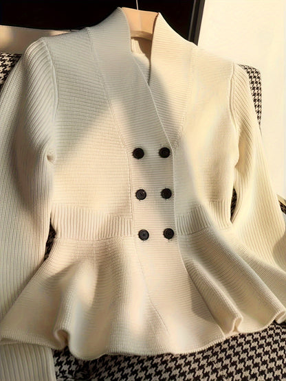Visually V-Neck Cardigan - Solid Color, Thick Knit, Loose Fit, Warm, Viscose and Polyester Blend, Perfect for Fall/Winter