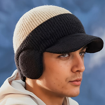 1pc YUAN Brand Men'S Winter Earflap Beanie Hat - 100% Acrylic Knit Warm Cycling Cap with Slight Stretch, Street Style Outdoor Riding Colorblock Hat