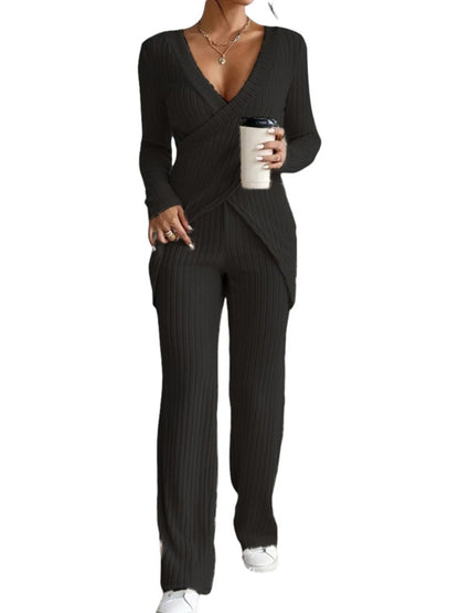 Women's Ribbed Fall Set Solid Color V-Neck Long Sleeve Slim Fit Cross Front Tops Long Pants 2pcs Outfits