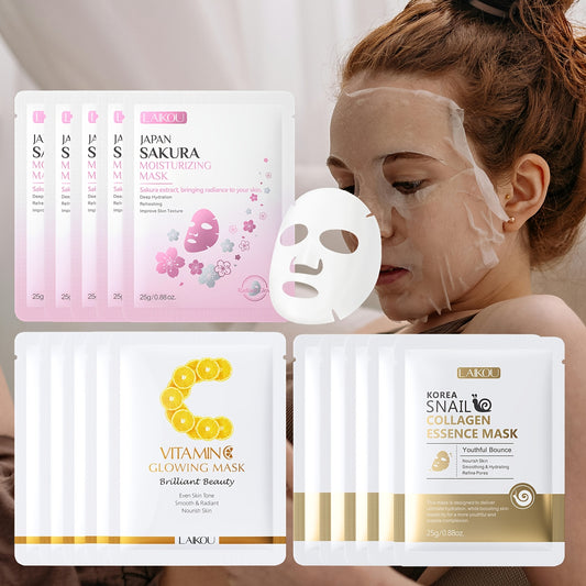 Hydrate Your Skin Using The LAIKOU Sheet Mask Set, Which Includes 15 Masks: 5 with Vitamin C, 5 with Korean Snail Essence, And 5 with Japanese Sakura. This Essence-Rich Mask Collection Makes a Perfect Gift for Christmas, Vale