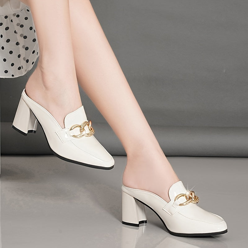 White Block Heel Pumps for Women - Elegant Pointed Toe Slip-On Shoes with Golden Chain Detail - High Heel Loafers with Rubber Sole - All Season Professional Dress Pumps