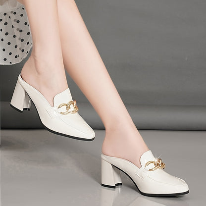 White Block Heel Pumps for Women - Elegant Pointed Toe Slip-On Shoes with Golden Chain Detail - High Heel Loafers with Rubber Sole - All Season Professional Dress Pumps