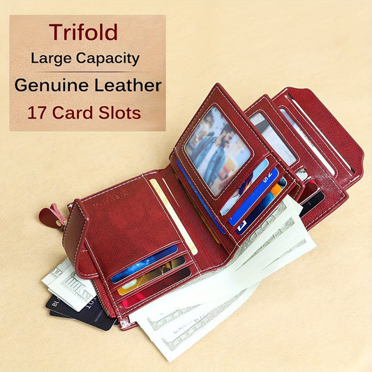 Genuine Leather RFID Blocking Wallet for Women - Stylish Bifold Card Holder with Detachable ID Window, Zipper Coin Pocket & Multiple Compartments, Red, Travel Accessory | Rfid Safe Wallet | Durable Leather, Card Holder Wallet