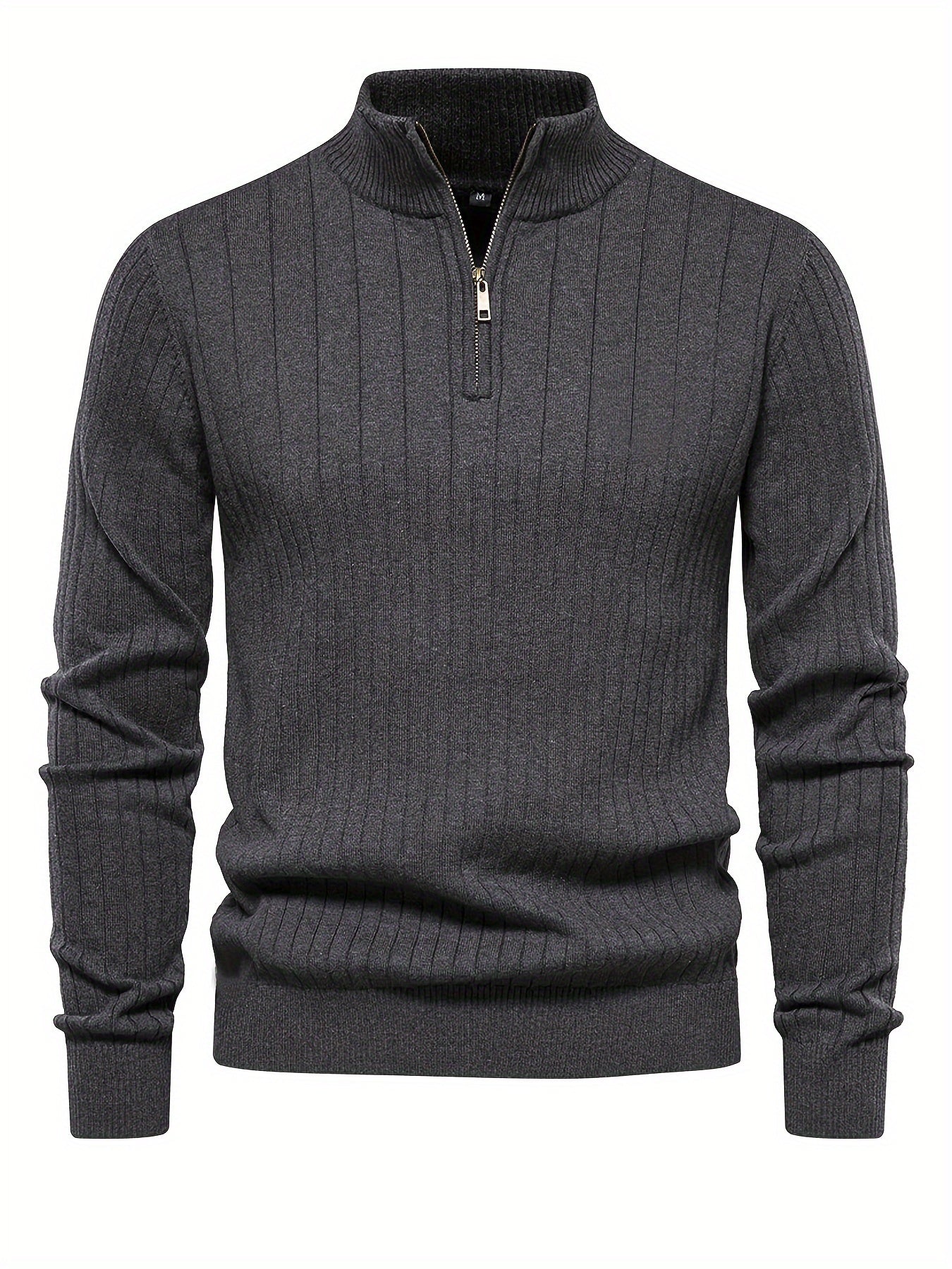 Men's Navy Blue Half-Zip Stand Collar Sweatshirt - Stretch Blend, Ribbed Texture, Long Sleeve - Ideal for Fishing & Walking in Fall/Winter