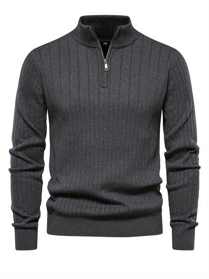Men's Navy Blue Half-Zip Stand Collar Sweatshirt - Stretch Blend, Ribbed Texture, Long Sleeve - Ideal for Fishing & Walking in Fall/Winter