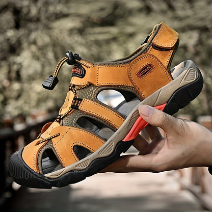 Men's Genuine Leather Non-Slip Sandals - Lightweight Quick-Dry Beach Shoes with Adjustable Straps, Breathable Rubber Sole & Comfortable Round Toe for Summer Casual Wear